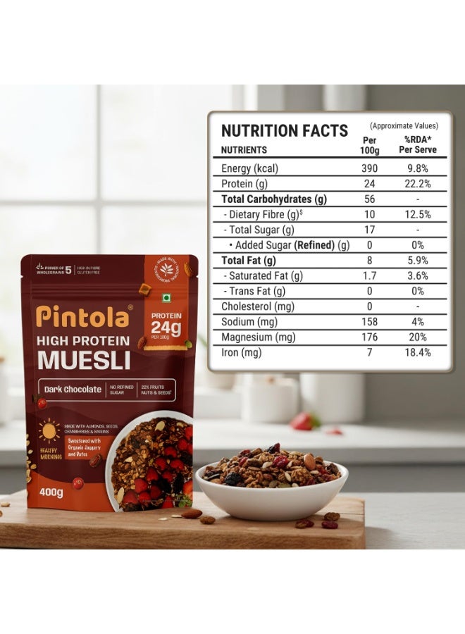 PINTOLA 24G Protein Added Muesli, Dark Chocolate 400g | 0% Refined Sugar | Gluten Free | Power of 5 Wholegrains | With Almonds, Seeds, Cranberries & Raisins | Sweetened with Organic Jaggery & Dates | Perfect Breakfast - Image 2